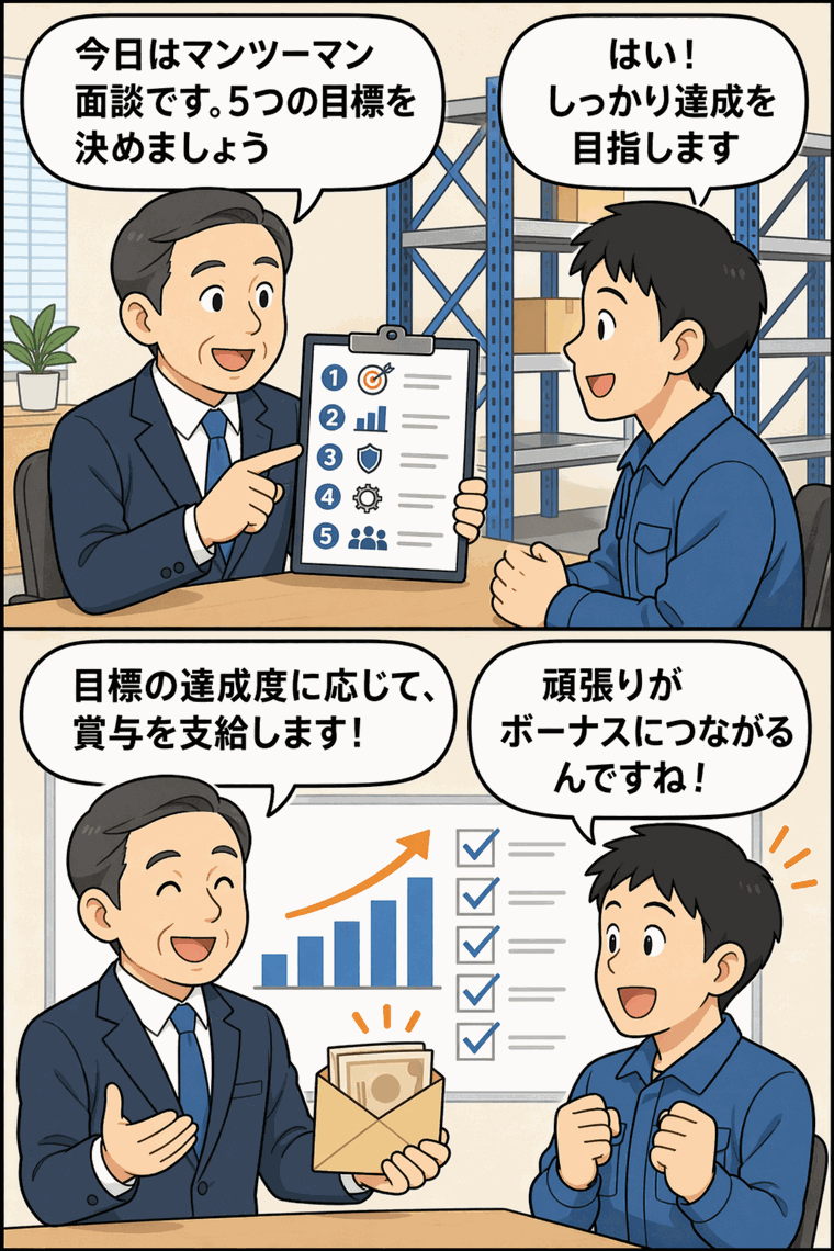 ラック製造会社のボーナスチャレンジ制度で、社長と社員がマンツーマン面談を行い、5つの目標達成に応じて賞与を支給する流れを説明する漫画