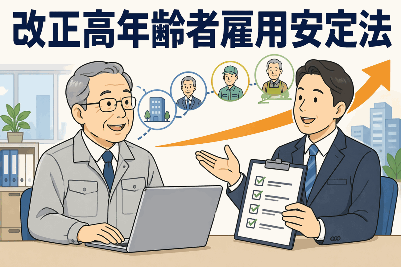 改正高年齢者雇用安定法により70歳までの就業確保措置を説明する、企業担当者と高年齢者のイラスト