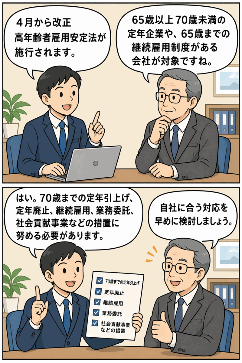 改正高年齢者雇用安定法の対象事業主と70歳までの就業確保措置を会話形式で解説する漫画イラスト