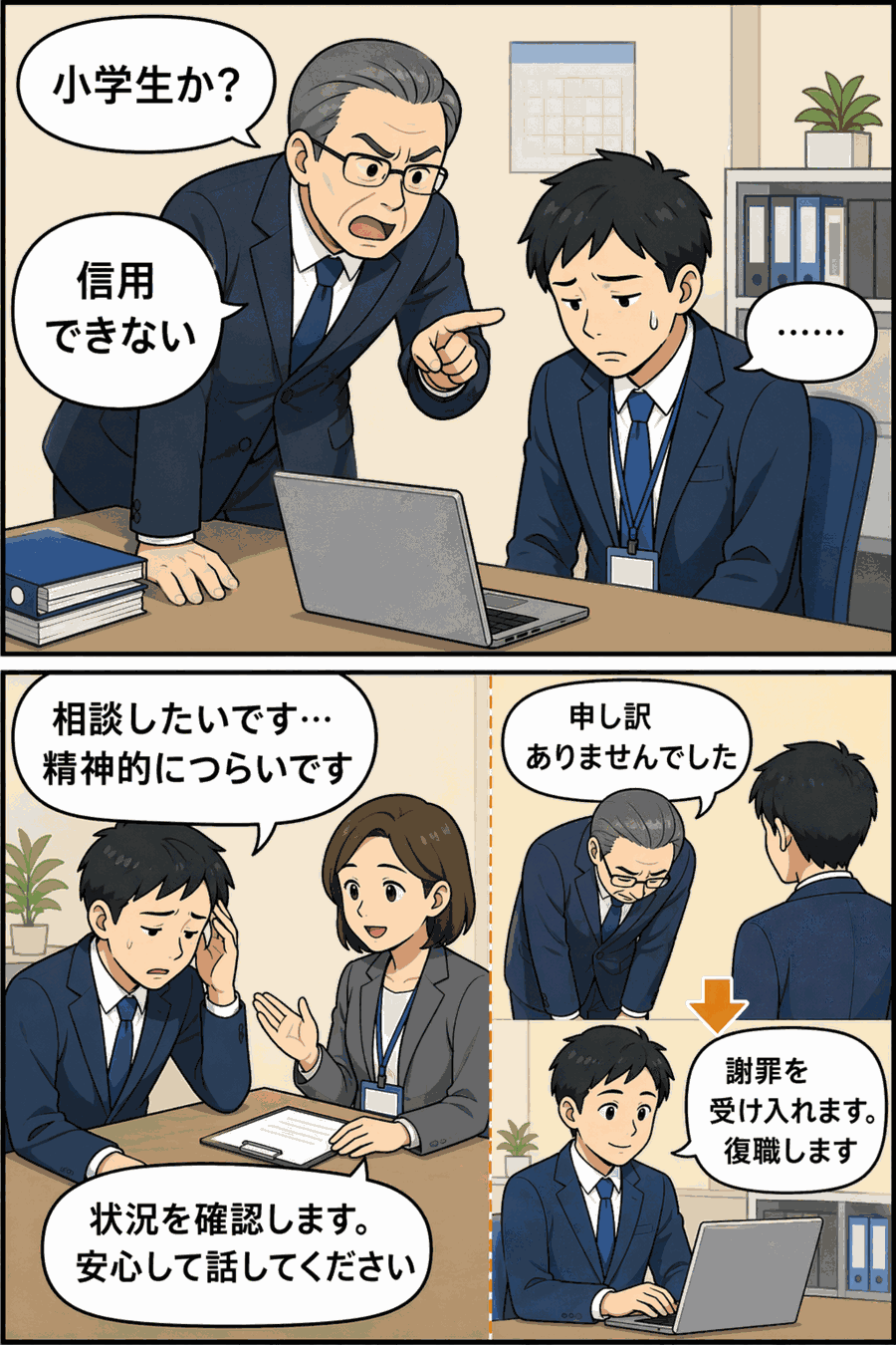 男性係長が部下に「小学生か？」「信用できない」と叱責し、相談窓口への相談や謝罪を経て復職するパワハラ事例の漫画