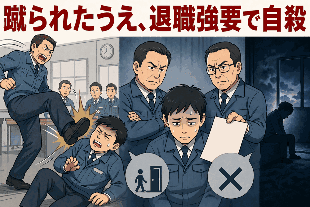 蹴られたうえ、退職強要で自殺