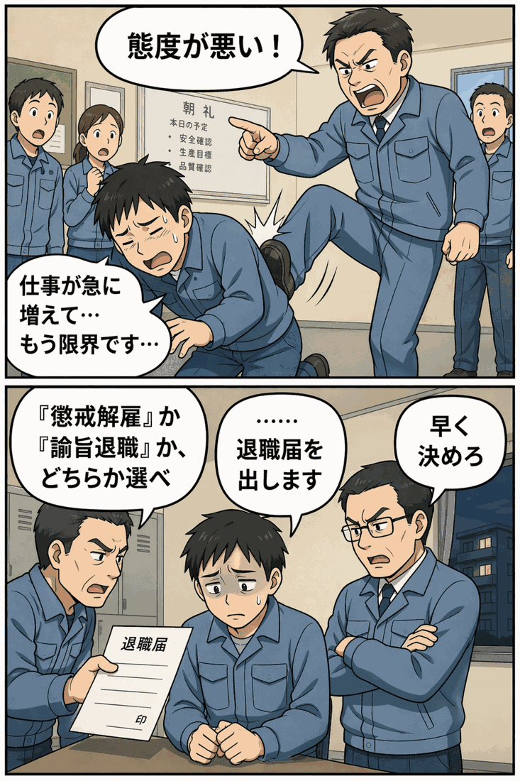 製造会社の社員が上司から「態度が悪い」と蹴られ、懲戒解雇か諭旨退職を迫られるパワハラ・退職強要の漫画イラスト