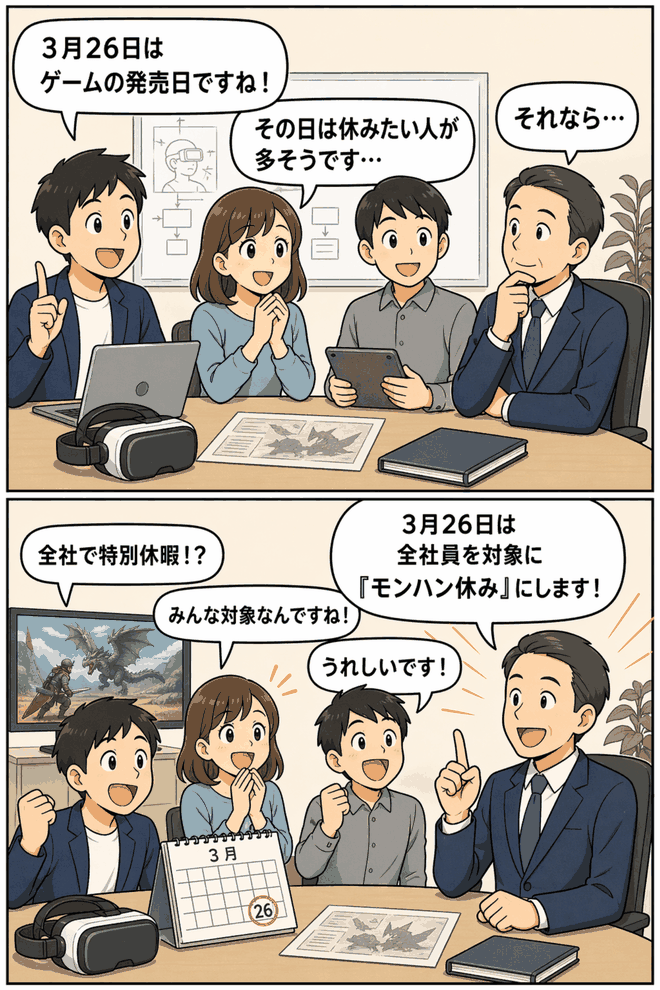 ゲーム発売日に合わせた特別休暇「モンハン休み」を社長が発表し、社員が喜ぶ会議風景の漫画イラスト