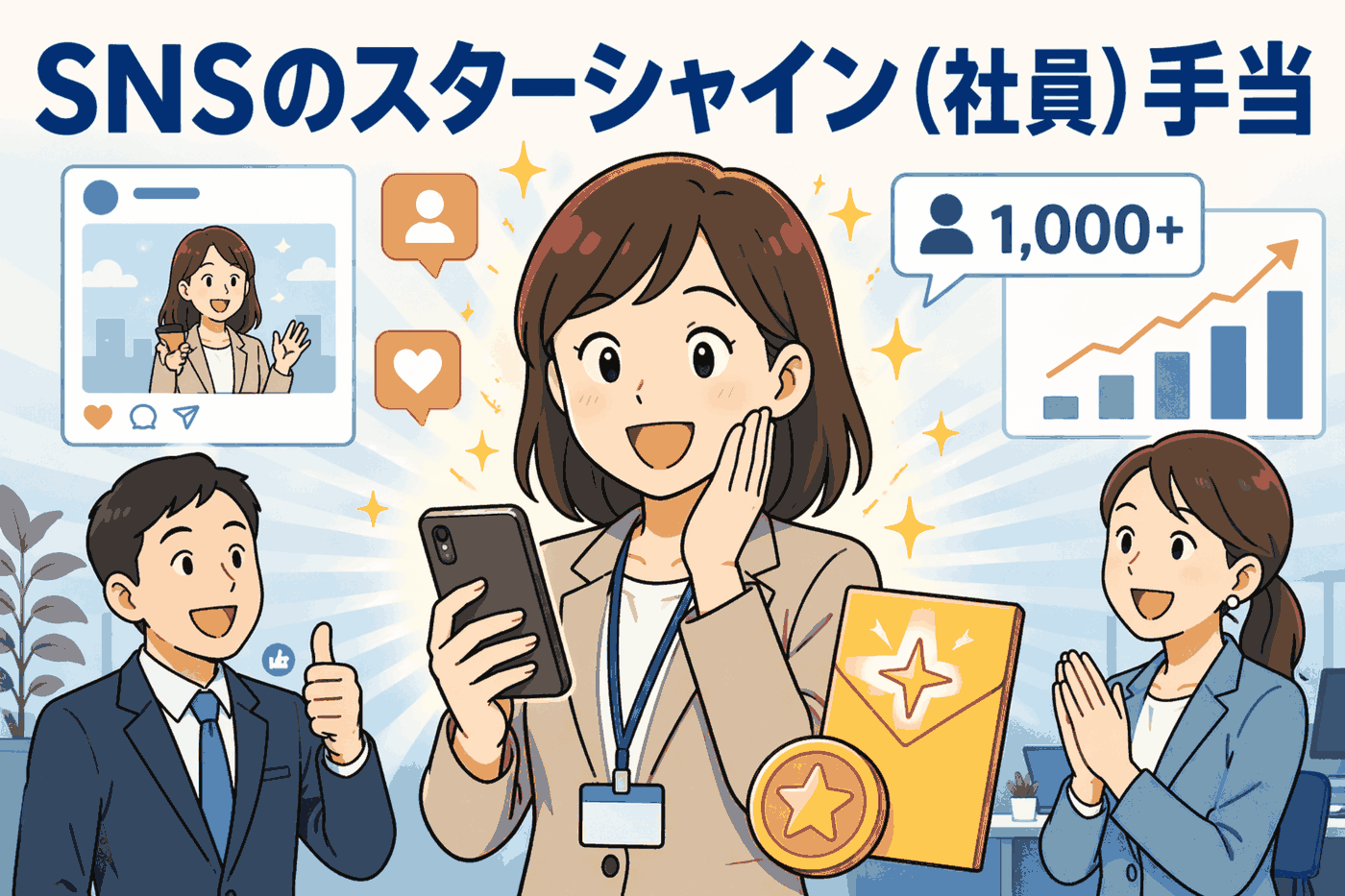 SNSのフォロワー数やエンゲージメント率などの基準を満たした社員に手当を支給する「スターシャイン社員手当制度」を紹介するイラスト