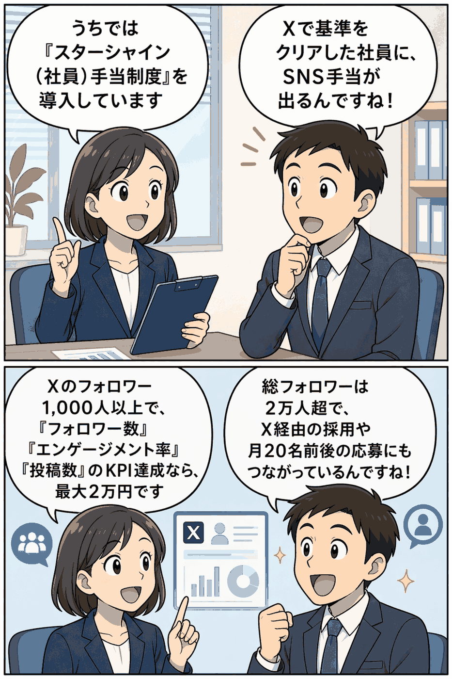 スターシャイン社員手当制度について、Xのフォロワー数1,000人以上やエンゲージメント率、投稿数などのKPI達成でSNS手当が支給される仕組みを説明する漫画