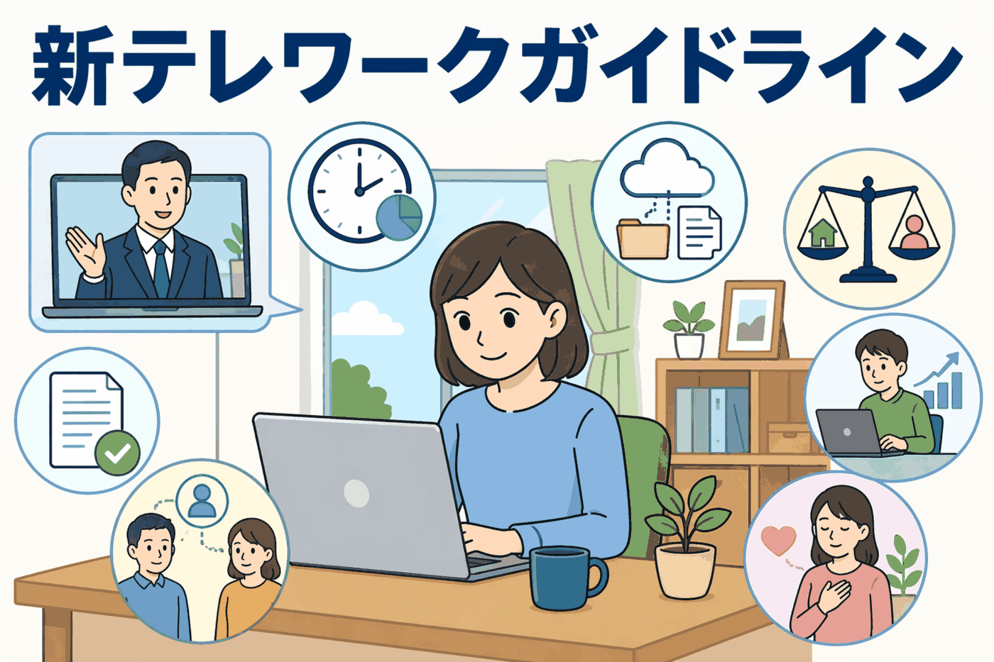 テレワークガイドライン改定のポイントを示す在宅勤務中の女性と労務管理・労働時間・ペーパーレス・メンタルヘルスのイラスト