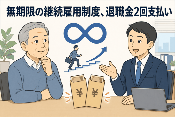 無期限の継続雇用制度、退職金2回支払い