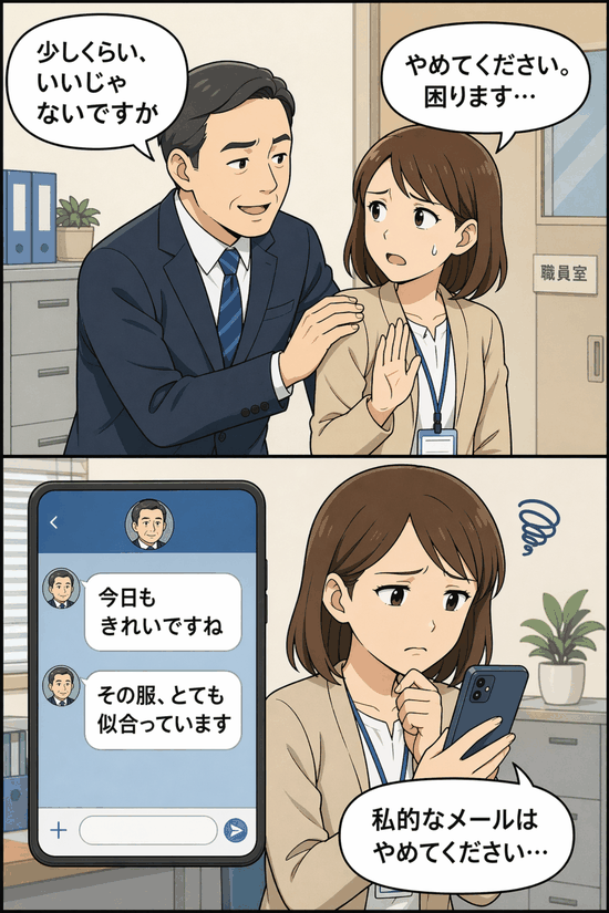 小学校の男性教頭が女性職員の肩に触れたり容姿を褒める私的メールを送ったりするセクハラ行為により、減給3カ月の懲戒処分を受けた事例を描いた漫画