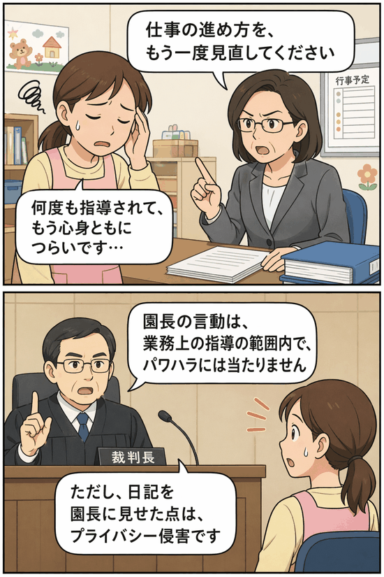 市立幼稚園の女性教諭が園長の指導をパワハラとして訴えた裁判で、日記開示がプライバシー侵害と判断された事例を描いた漫画