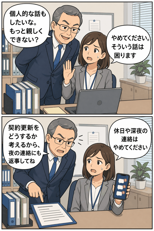 大学教授が派遣職員の女性に個人的な接触や深夜連絡を求め、契約更新を理由に圧力をかけるセクハラ・パワハラの漫画イラスト