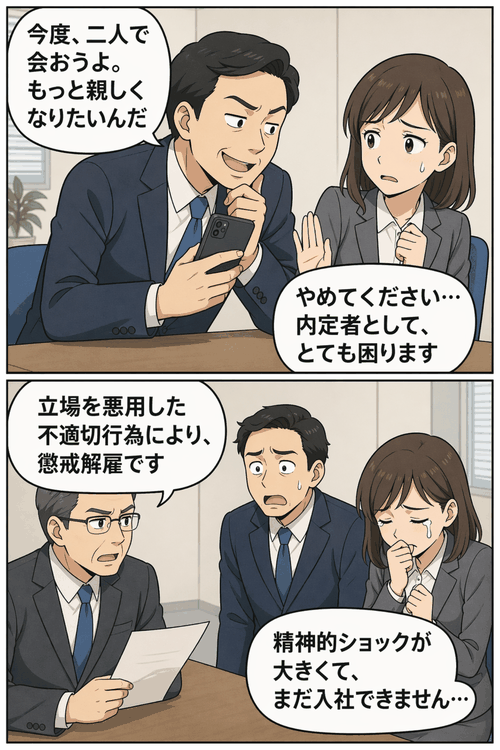 人事担当者が内定者女性に私的な面会を迫り、立場を悪用した不適切行為により懲戒解雇される場面を描いた漫画イラスト