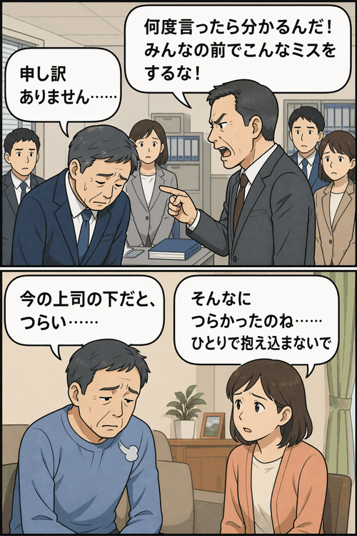 町庁舎で男性職員が上司から大勢の前で叱責され、帰宅後に妻へつらさを打ち明けるパワハラ問題の漫画