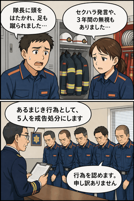 パワハラやセクハラ被害を訴える消防士と女性職員、戒告処分を受けて謝罪する消防士5人を描いた消防本部の漫画イラスト