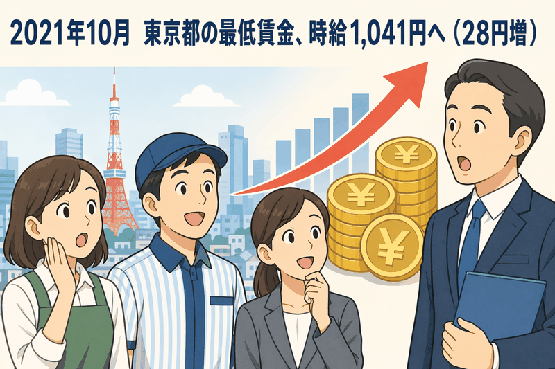 2021年10月から東京都の最低賃金が時給1,041円へ28円引き上げられることを示す、東京タワーと上昇グラフ、働く人々のイラスト