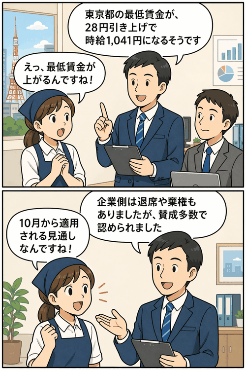 東京都の最低賃金が28円引き上げられ、時給1,041円になる見通しを説明する会社員と従業員の漫画イラスト