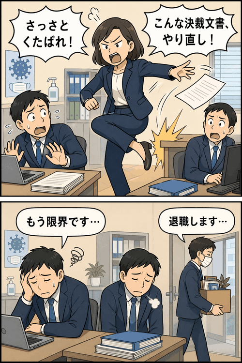 保健所長の女性管理職が「さっさとくたばれ」などの暴言を吐き、決裁文書を投げたり机を蹴ったりするパワハラで職員が疲弊・退職する様子を描いた漫画