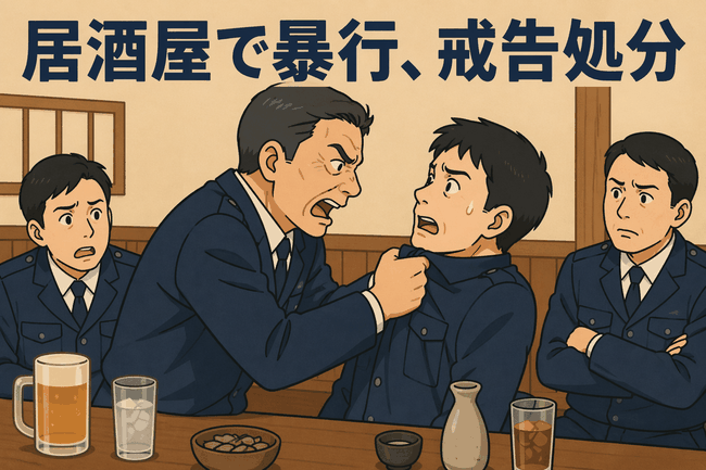 居酒屋で酒に酔った男性警部補が部下警察官の胸ぐらをつかみ、暴行容疑で書類送検され戒告処分となった事案のイメージ画像