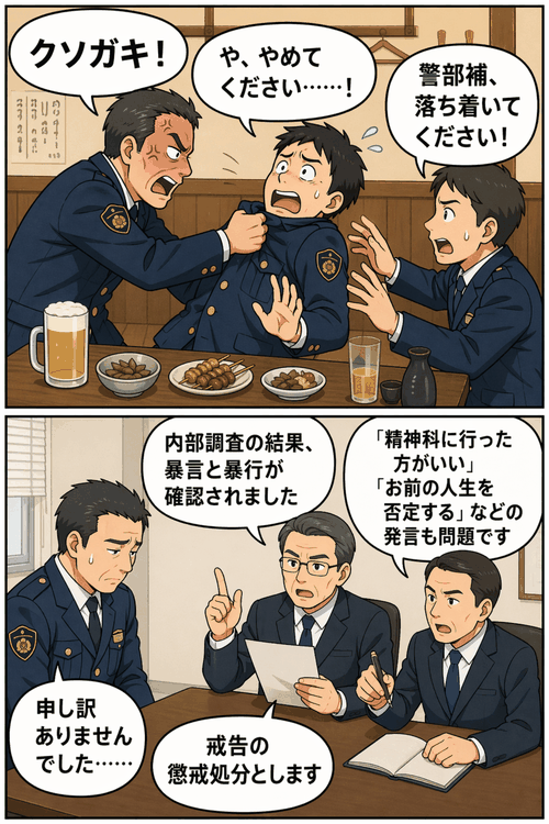 居酒屋で酒に酔った男性警部補が部下警察官の胸ぐらをつかみ暴行し、内部調査で暴言が確認され戒告処分となった事案を描いた漫画画像