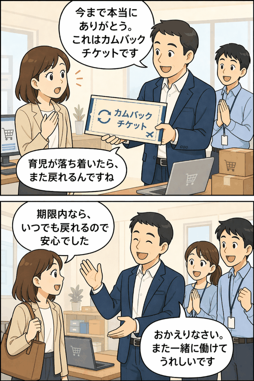 ECソリューション事業の会社で、育児や介護、キャリアアップを理由に退職する社員へ「カムバックチケット」を渡し、期限内なら再び会社に戻れる制度を説明している漫画イラスト。