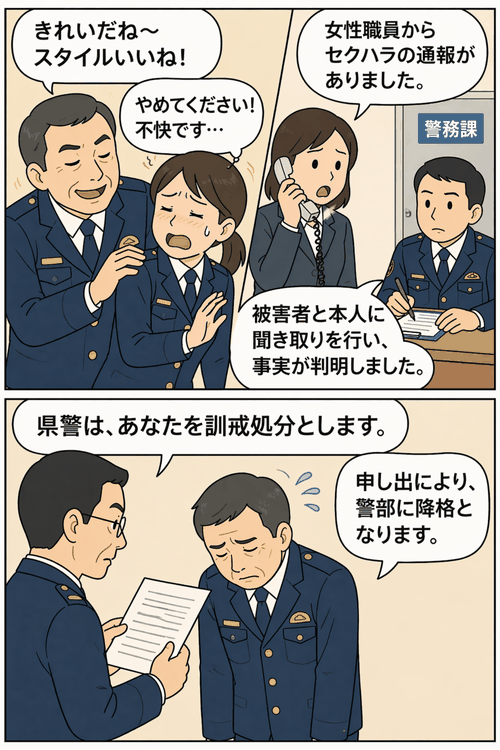女性職員へのセクハラ通報を受け、県警が50代男性警視を訓戒処分とし警部へ降格した経緯を描いた漫画