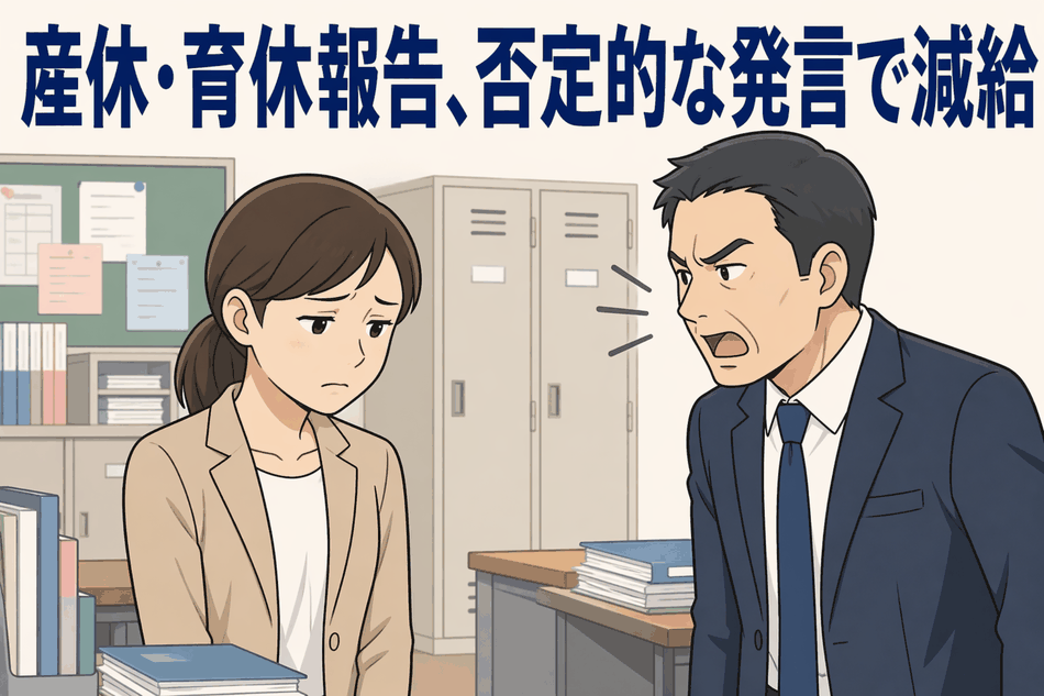 産休・育休報告をめぐり、同僚女性教諭に否定的な発言をする男性講師のイラスト