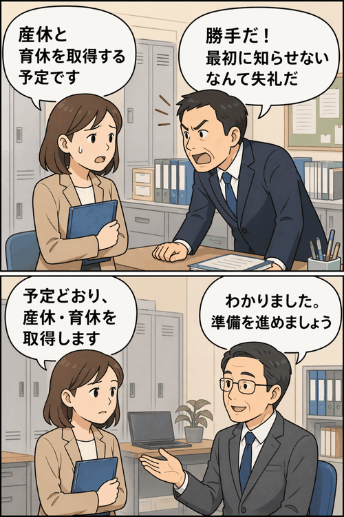 産休・育休取得を報告した女性教諭に対し、男性講師が「勝手だ」「失礼だ」と発言する場面と、適切な対応例を示した比較イラスト