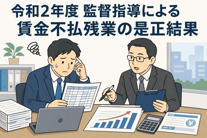 令和2年度の監督指導による賃金不払残業の是正結果について、企業担当者と監督官が資料を確認しているイラスト