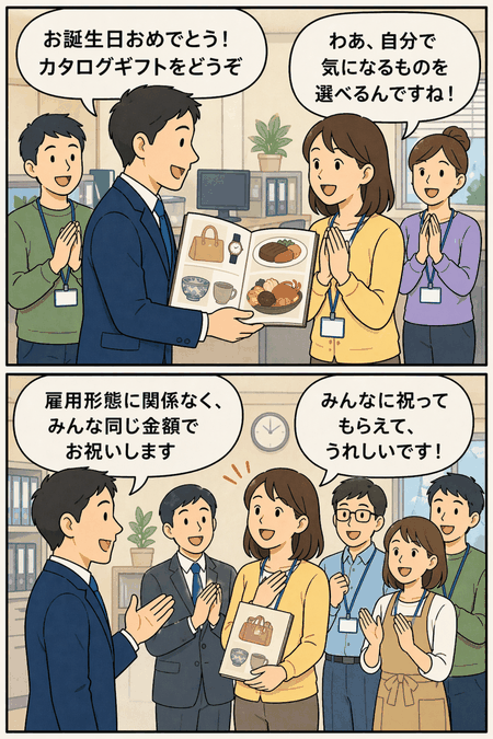 全社員に同じ金額の誕生日プレゼントとしてカタログギフトを贈る会社の福利厚生を紹介する漫画イラスト