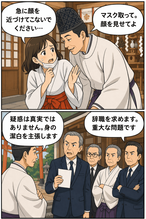 神社の宮司が女性にマスクを外すよう求めたとされるセクハラ疑惑について、役員たちが辞職を求める漫画風イラスト