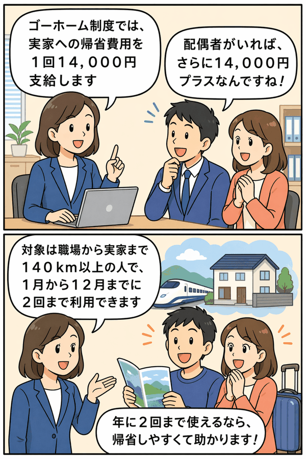 ゴーホーム制度の内容を説明する漫画イラスト。帰省費用を1回14,000円支給し、配偶者がいる場合は追加支給、職場から実家まで140km以上の社員が年2回まで利用できることを案内している。