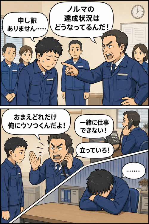 物流会社の営業所で、男性社員が上司からノルマ未達や仕事のミスを理由に暴言や長時間の叱責を受け、精神的に追い詰められる様子を描いた漫画