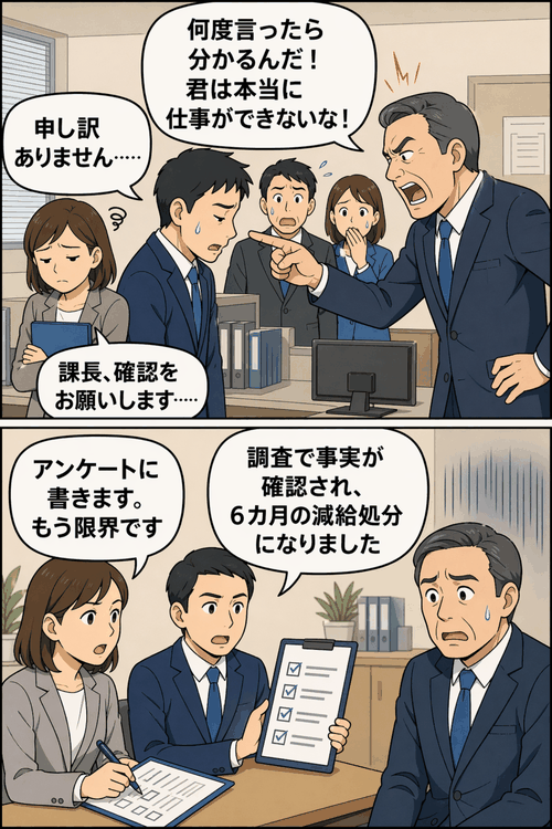 市の課長級職員が部下に大声で暴言を浴びせ、パワハラ被害が職員アンケートで発覚し懲戒処分となった経緯を描いた漫画