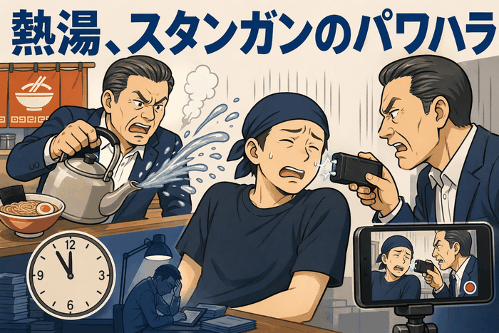 ラーメン店で元店長が熱湯やスタンガンによるパワハラ被害を受けたとして提訴した問題を描いたイラスト
