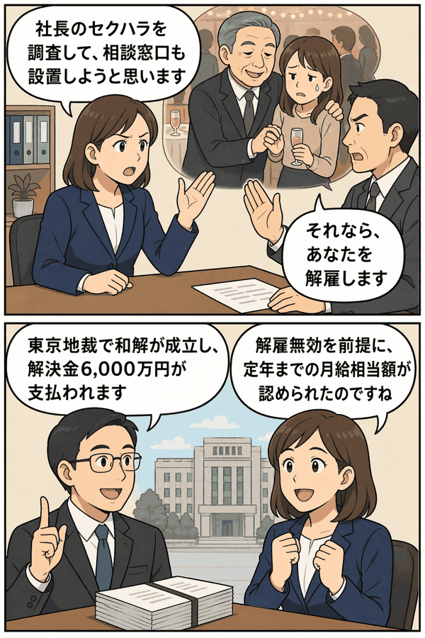 社長のセクハラ調査と相談窓口設置を進めようとした法務担当女性が解雇され、東京地裁で解決金6,000万円の和解が成立した事例を描いた漫画画像