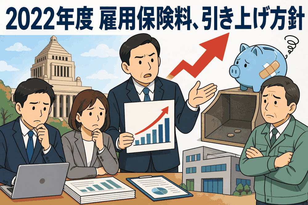 2022年度の雇用保険料引き上げ方針を説明する会議風景。政府、労働者、事業主の負担増をグラフや上昇矢印で表現したイラスト。