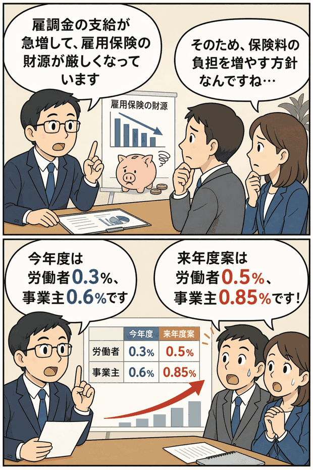 雇用調整助成金の支給急増により雇用保険の財源が厳しくなり、2022年度に労働者0.5％、事業主0.85％へ雇用保険料率を引き上げる案を説明する漫画。