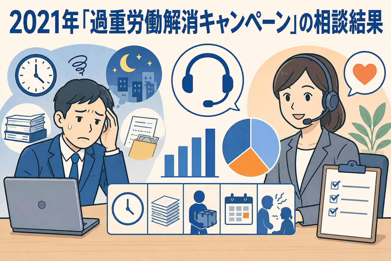 2021年過重労働解消キャンペーンの相談結果を示すイラスト。長時間労働やパワハラ、賃金不払残業などの相談内容をグラフと相談員で表現