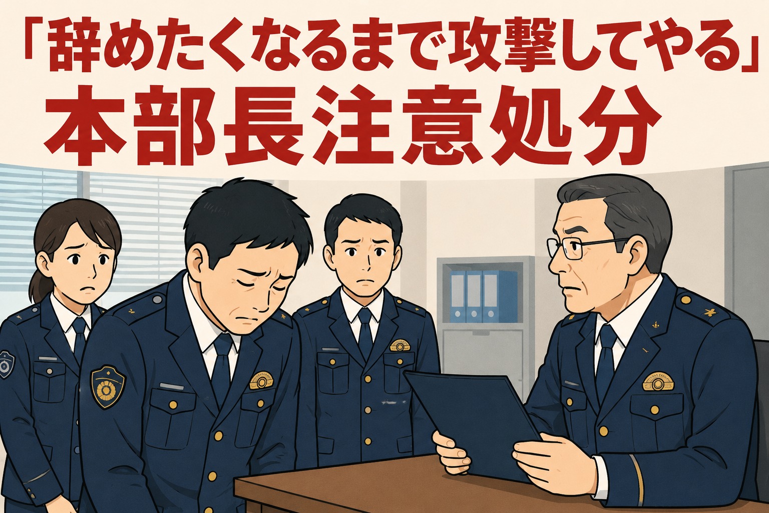 県警の警部補が同僚や部下へ「辞めたくなるまで攻撃してやる」などのパワハラ発言を繰り返し、本部長注意処分を受けたことを伝えるイラスト