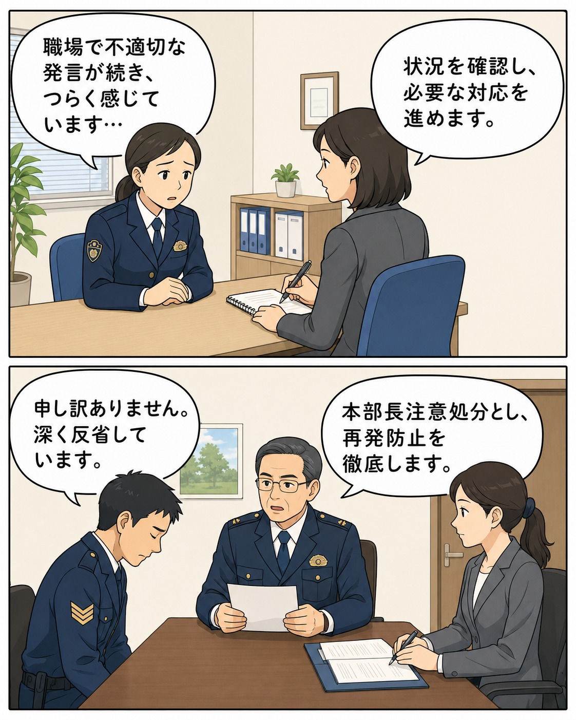 県警の警部補が職場での不適切発言によるパワハラを相談・確認され、本部長注意処分と再発防止を受け入れる様子を描いた漫画風イラスト