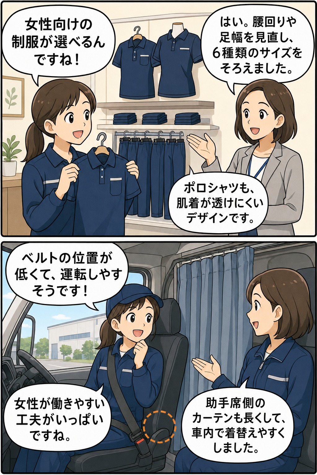 女性ドライバー向けに選べる専用ユニフォームと女性専用車両の工夫を紹介する漫画イラスト。体型に合わせた6種類のサイズ展開、透けにくいポロシャツ、低めのベルト位置、長めの助手席側カーテンなど、食品輸送業で女性が働きやすい環境づくりを表現。