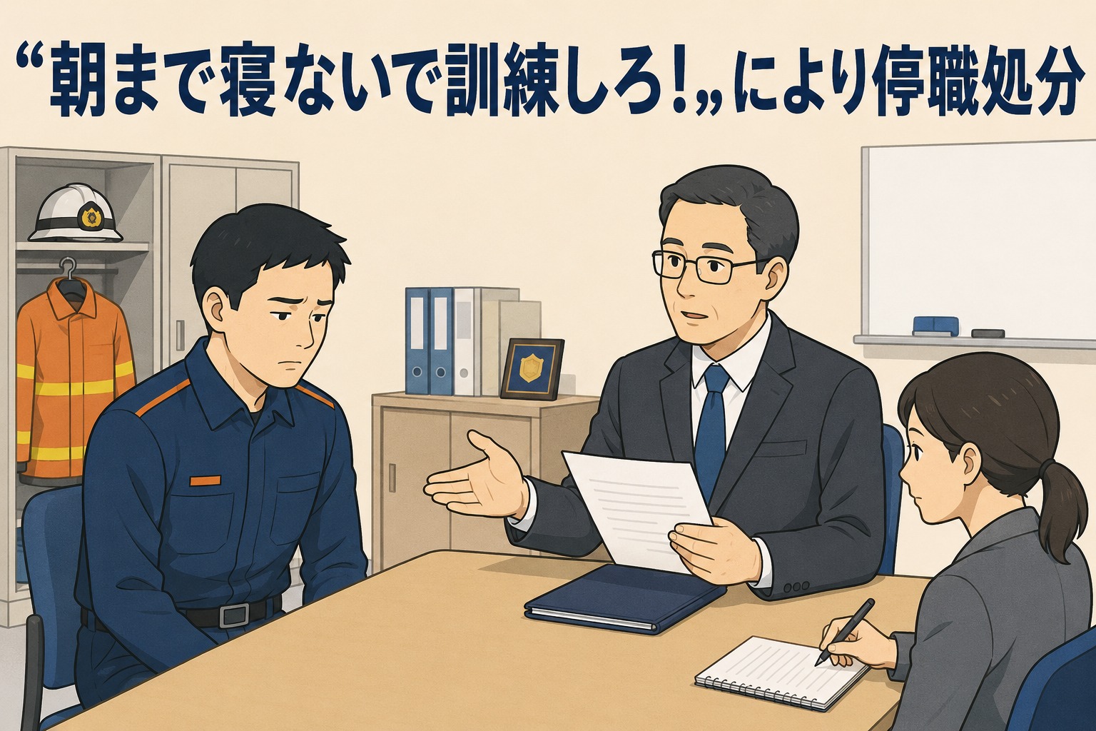 消防局の会議室で、パワハラにより停職処分を受ける男性消防士が上司から説明を受けているイラスト