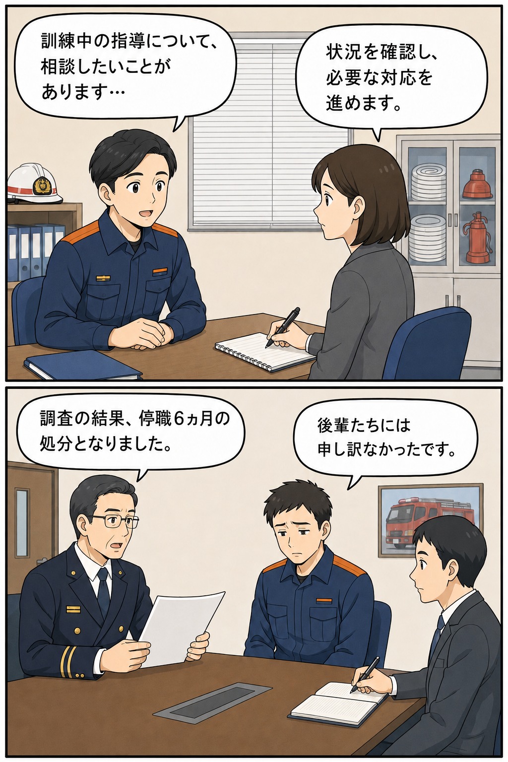 消防局で男性消防士が訓練中の指導について相談し、調査の結果パワハラにより停職6ヵ月処分となった流れを描いた漫画