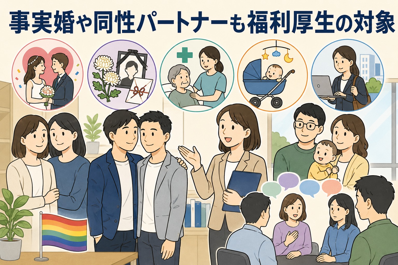事実婚や同性パートナーを含む実質上の家族・親族を福利厚生の対象とする企業制度を説明するイラスト