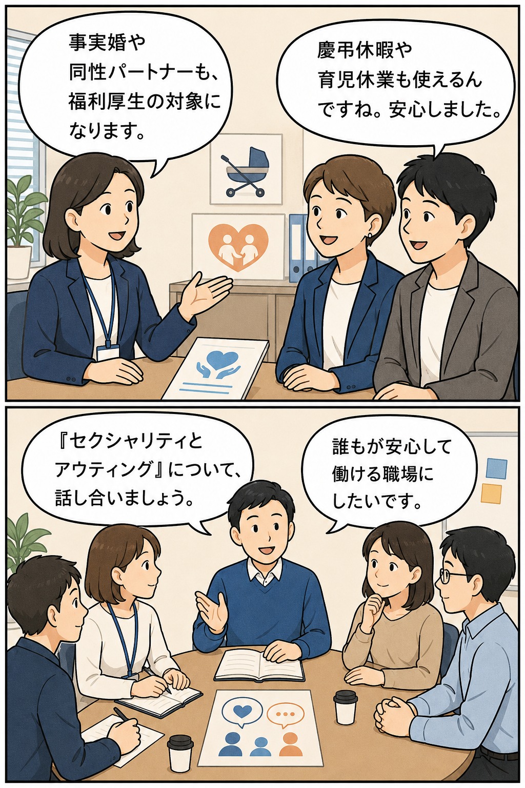事実婚や同性パートナーを福利厚生の対象とする制度説明と、セクシャリティやアウティングについて話し合う職場のイラスト