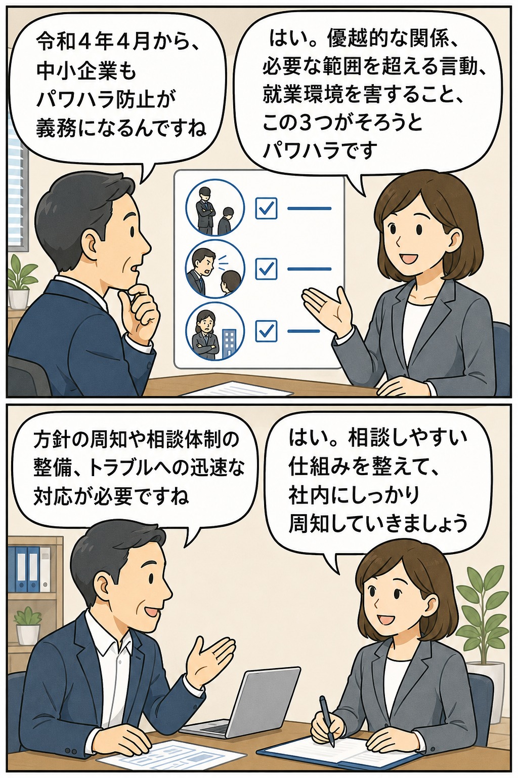 令和4年4月から中小企業にも義務化されたパワハラ防止措置について、相談体制の整備や社内周知の重要性を説明する漫画イラスト