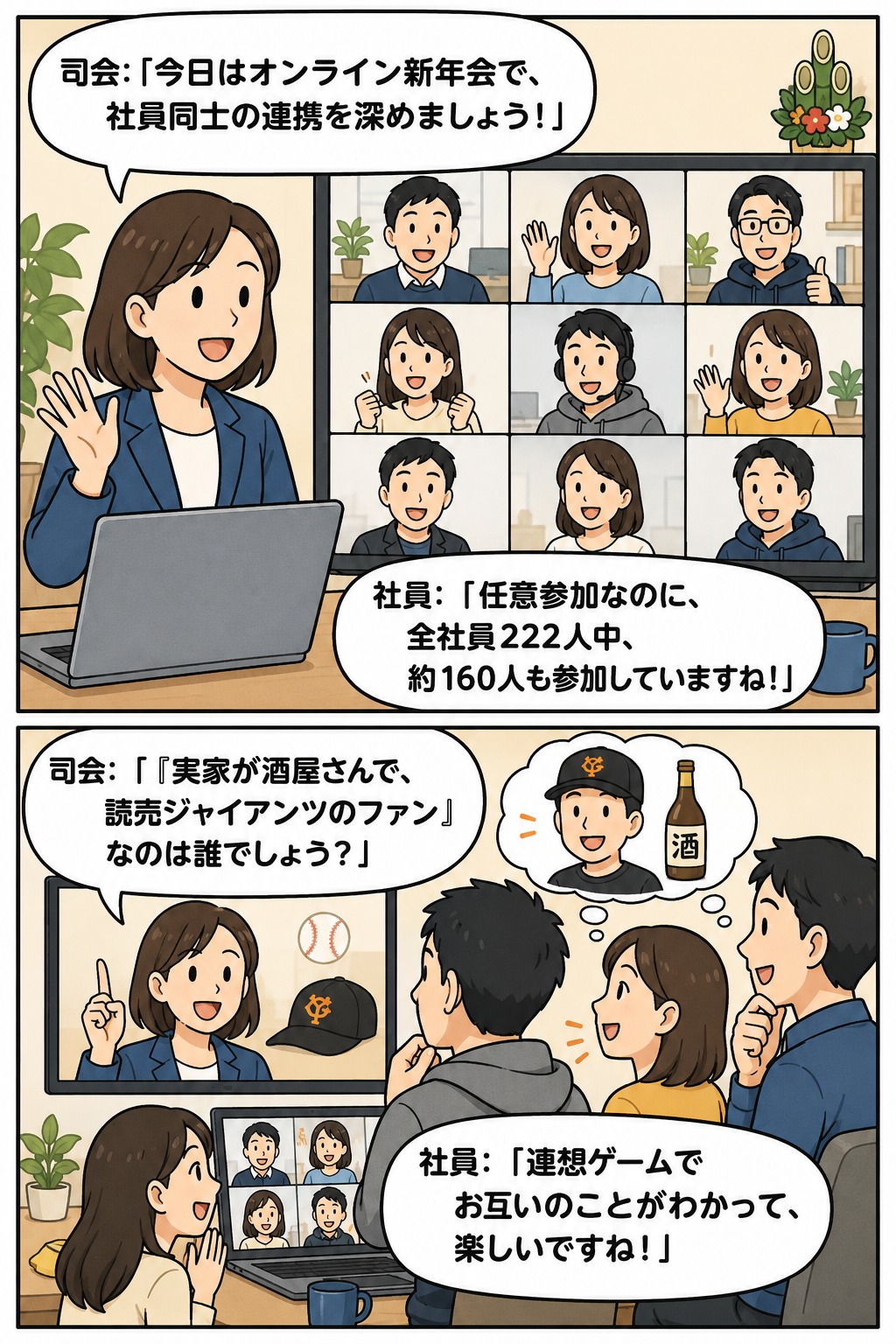 クラウドビジネス企業がオンライン新年会を開催し、社員同士の連携強化を目的に連想ゲームで交流する様子