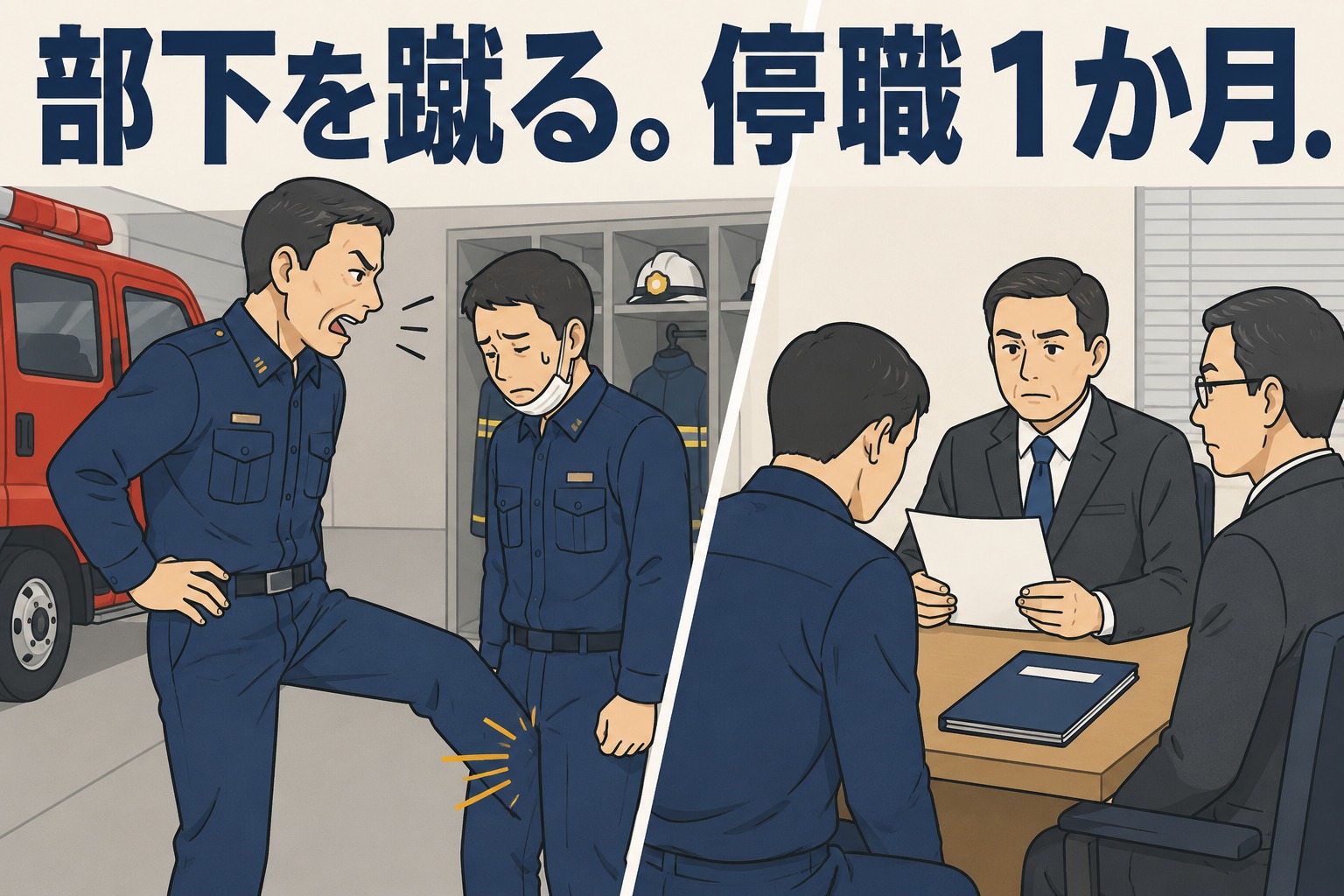 消防司令が部下にパワハラを行い、太もも付近を蹴った行為により停職1カ月の懲戒処分を受けた事例を示すイラスト