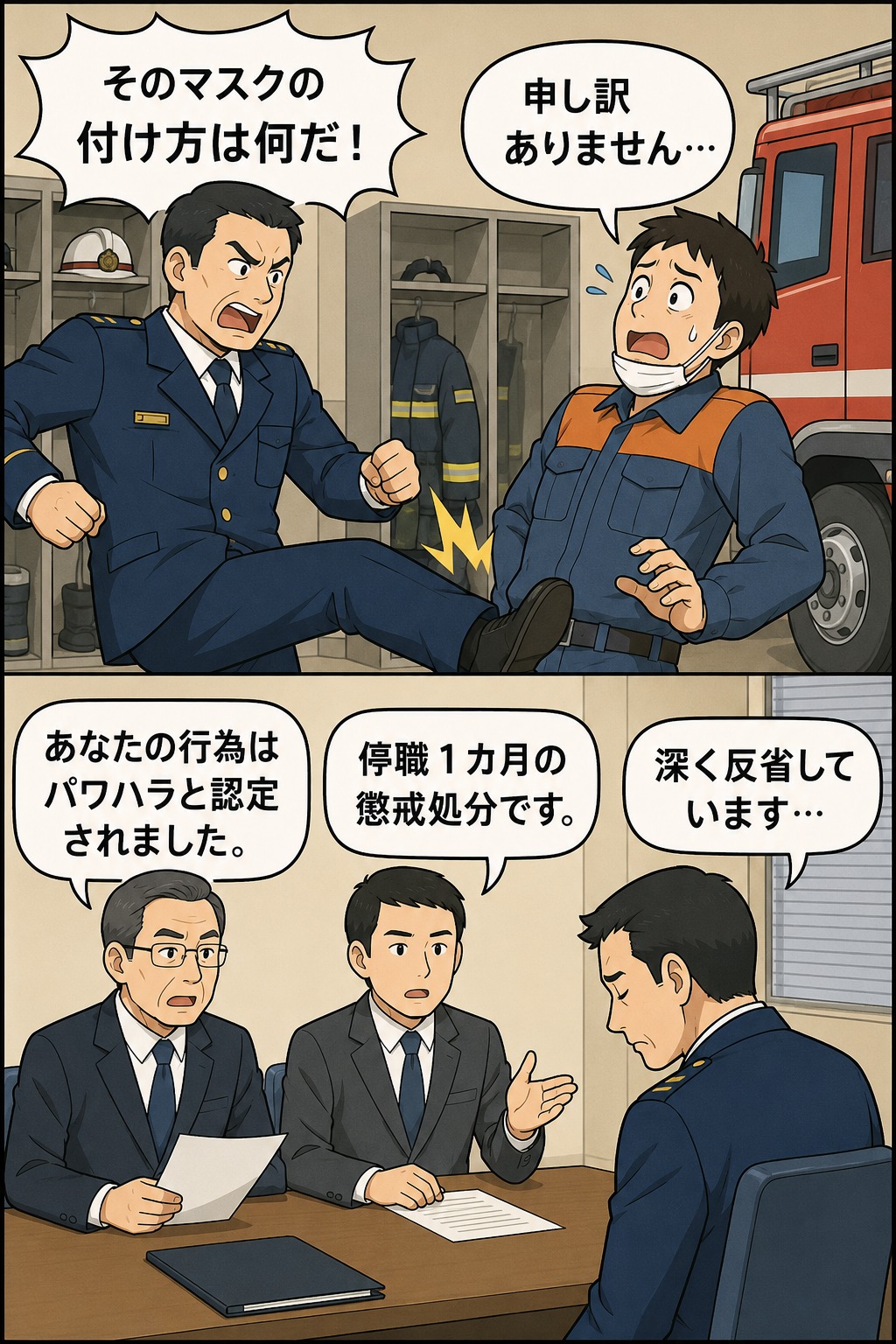消防司令がマスクの付け方を理由に部下を怒鳴り、蹴るパワハラ行為により停職1カ月の懲戒処分を受けた場面を描いたイラスト