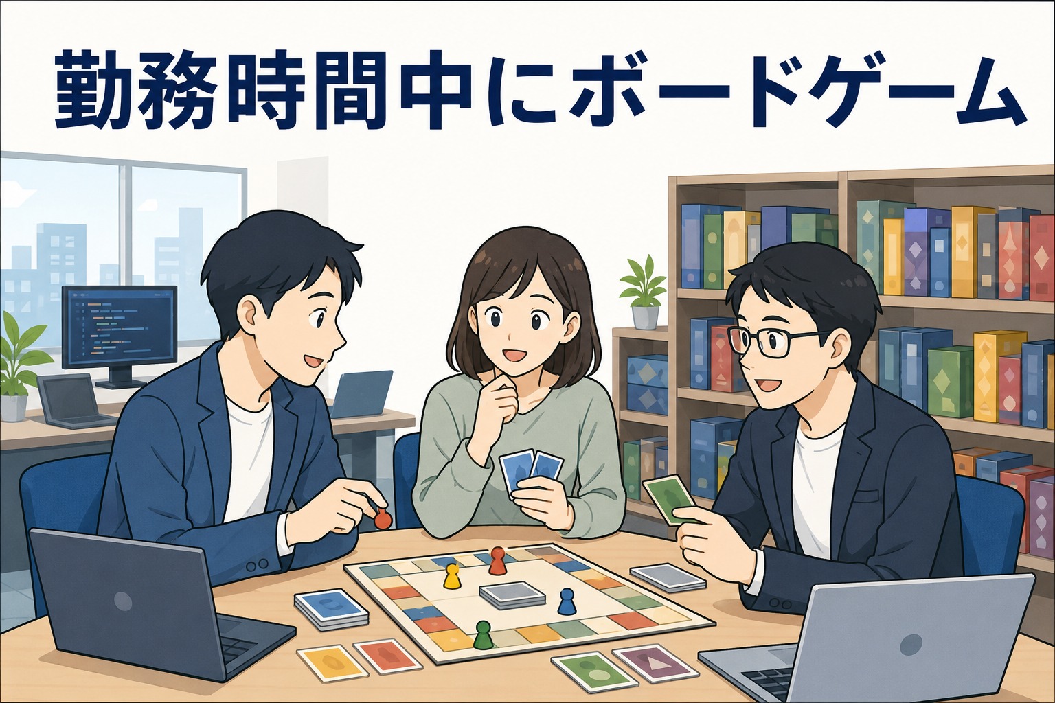 勤務時間中にボードゲームを楽しむITベンチャー企業の社員たちが、職場でコミュニケーションを深めているイラスト