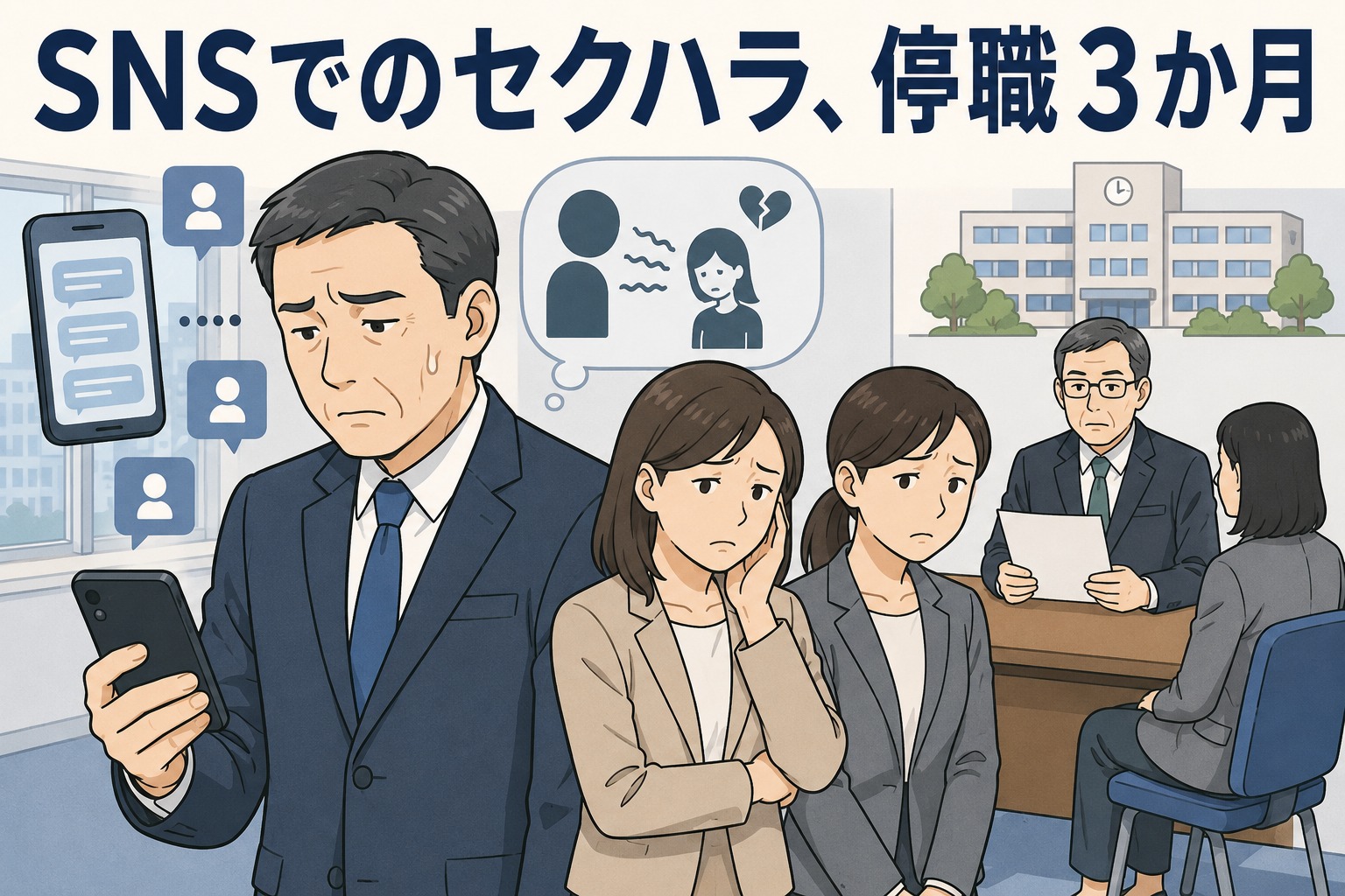 市職員がSNSで女性2人に一方的なメッセージを送り、セクハラ行為により停職3か月の懲戒処分を受けた事例を示すイラスト
